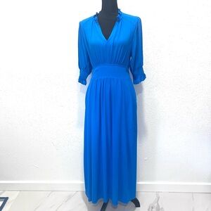 MELLODAY‎ Blue V-neck 3/4 smocked cuffs sleeves Pleated Midi Dress L